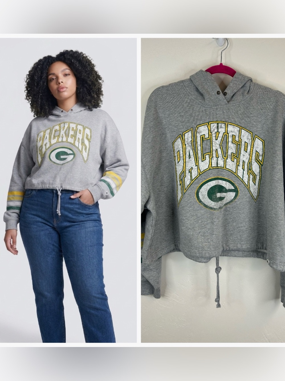 Green Bay Packers Grey Cropped Hoodie Logo XL Wisconsin Football Sports Green‎